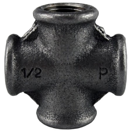 Raccord fonte malléable noir fileté Croix femelle - 4" - Brute / Noire