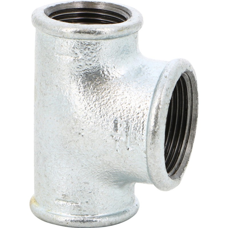 Raccord fonte malléable galvanisé fileté Té réduit femelle - Galvanisée / Galva - 2" x 1"1/4 x 2"